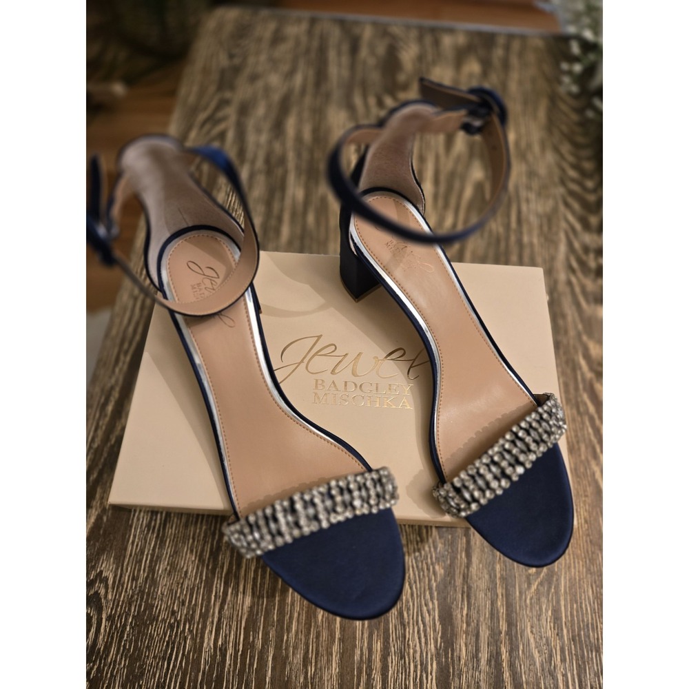 Jewel Badgley Mischka Women's Blue Rhinestone Ankle Strap 2" Block Heel 9.5
